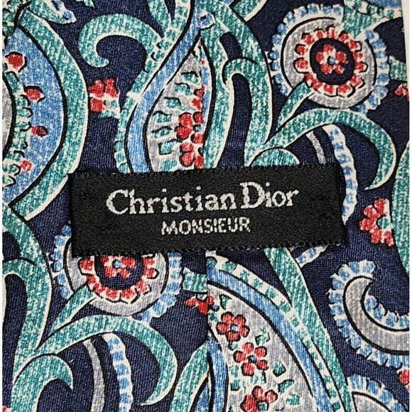 Christian Dior Monsieur Mens All Silk Tie 4"x57" Paisley Blue Grey Green Red USA - Picture 4 of 6